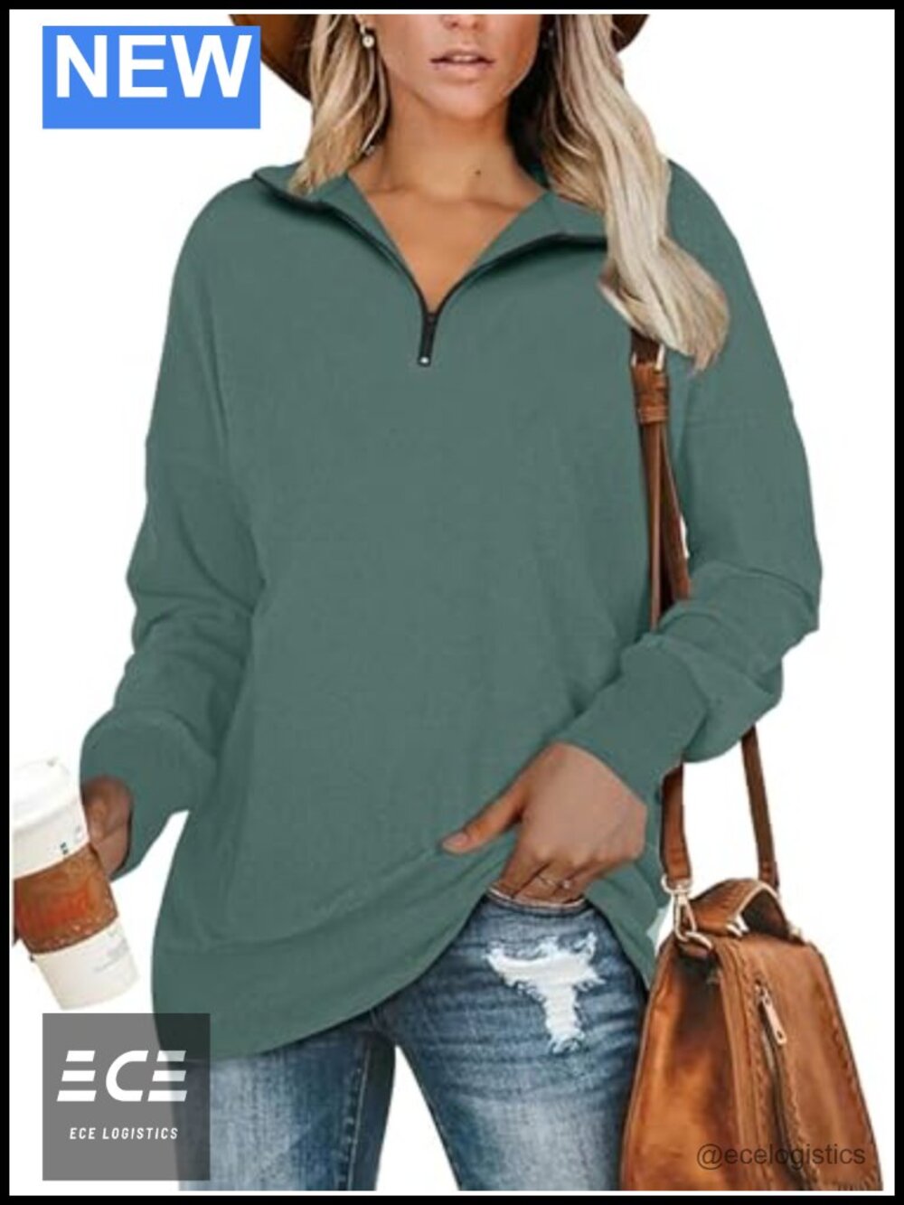 Plus Size Half Zip Pullover Sweatshirt Tunic Top Long Sleeve